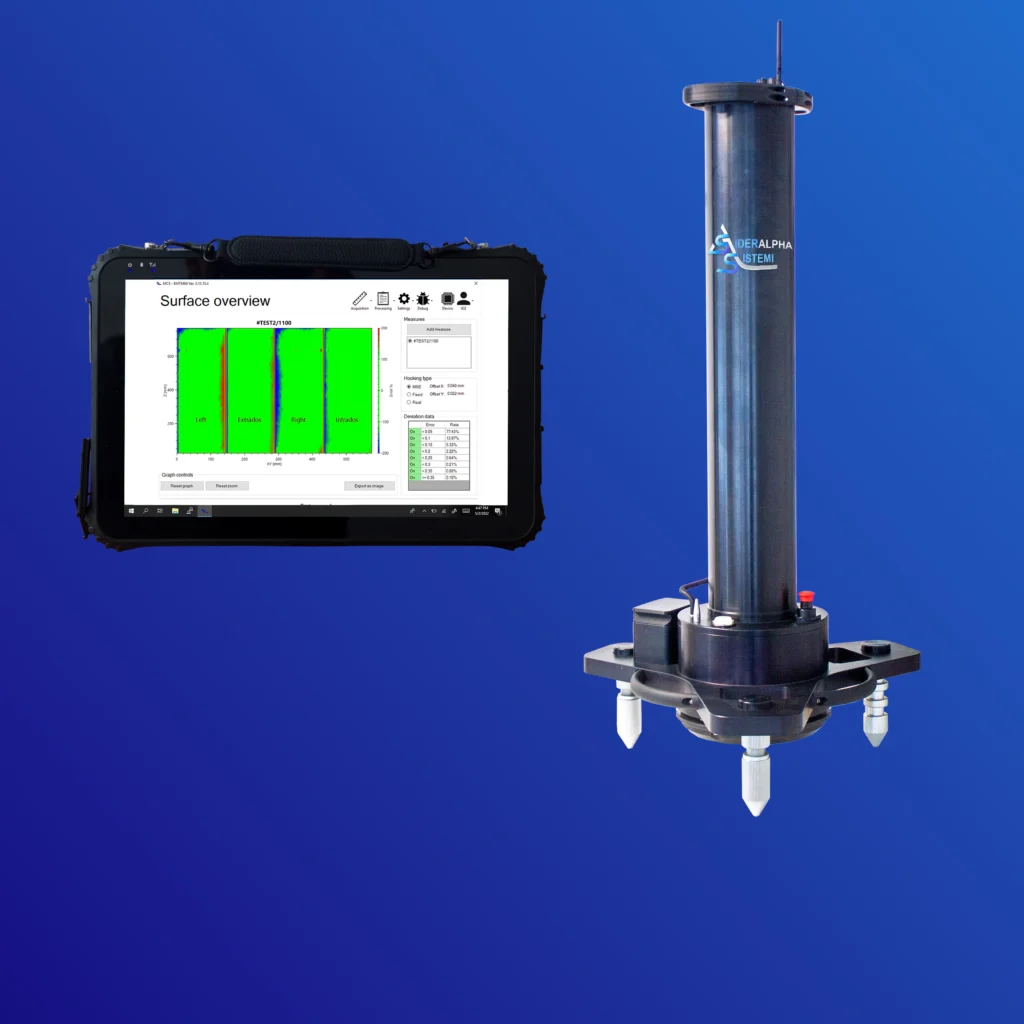 The EMTM69 product with the rugged tablet next to it with which it is possible to view the data and measure.