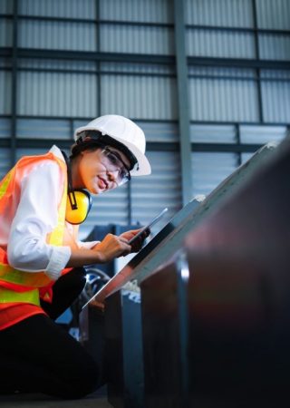 Female engineer inspecting equipment in a steel factory.