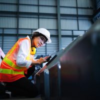 Female engineer inspecting equipment in a steel factory.